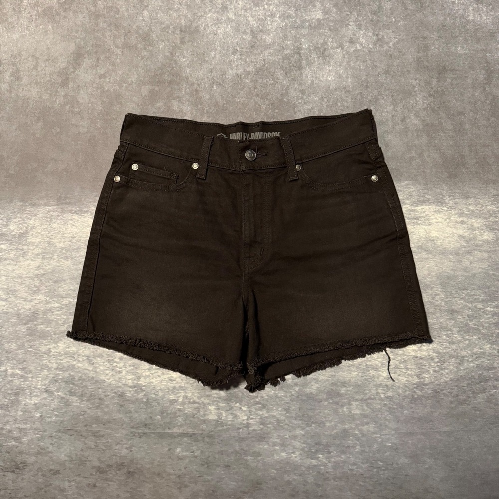 Harley-Davidson Womens Black Denim Shorts 27 High Rise Cutoff Frayed Raw Hem